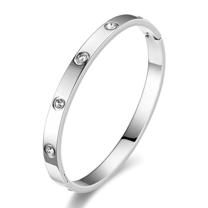 Pave Hinge Latch Silver Bangle Bracelet