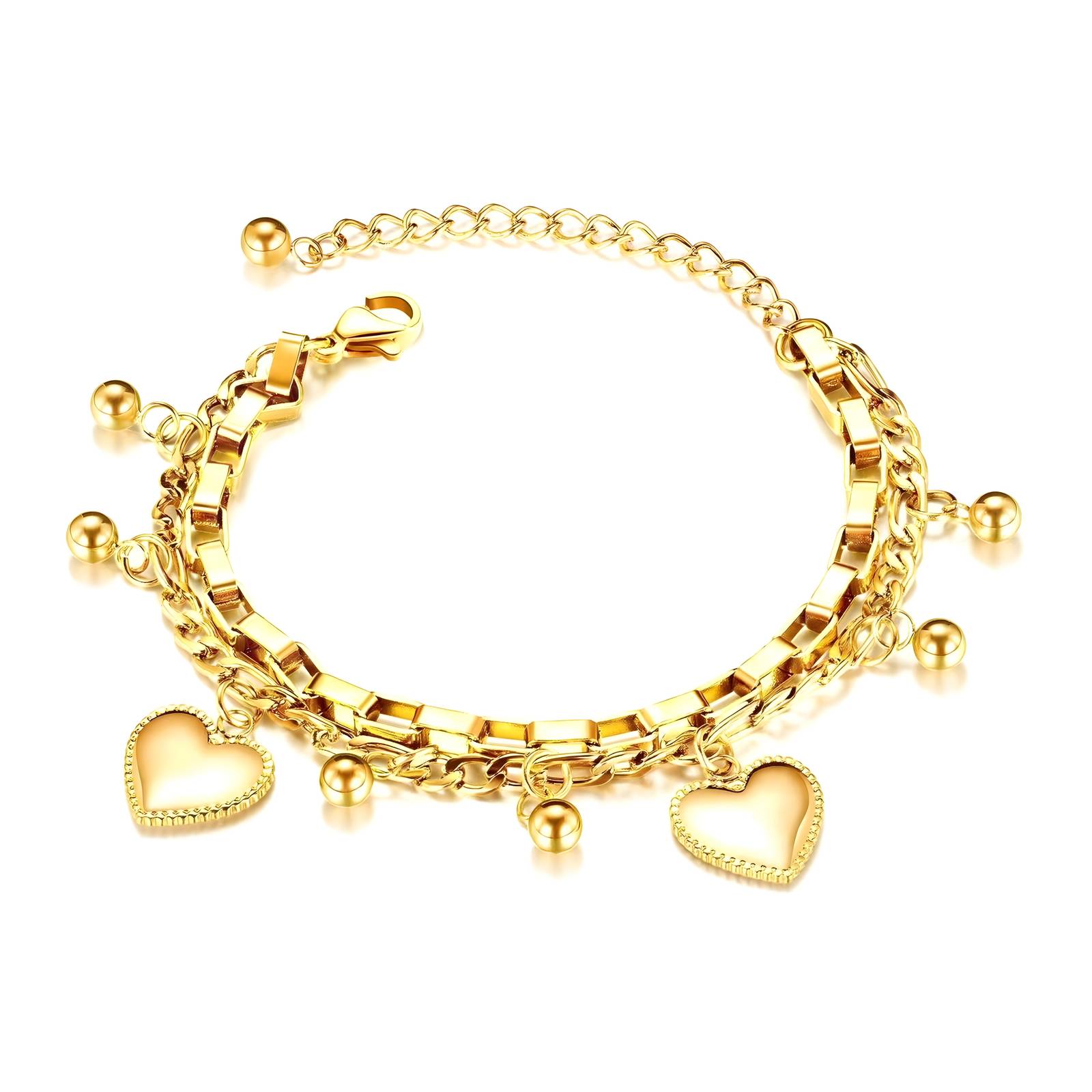 Two Hearts Double Chain Gold Bracelet