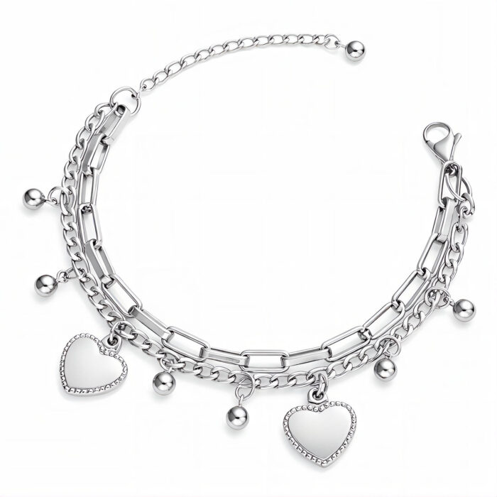 Two Hearts Double Chain Silver Bracelet