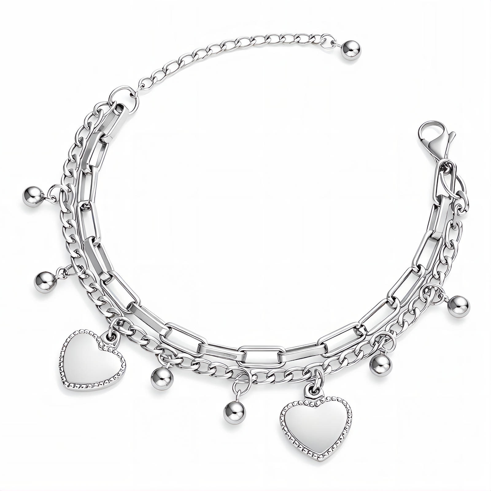 Two Hearts Double Chain Silver Bracelet